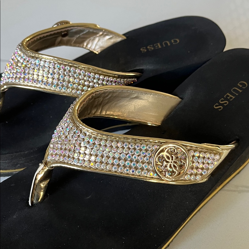 Guess Black & Gold Jeweled Platform Thong Sandals - Picture 5 of 6